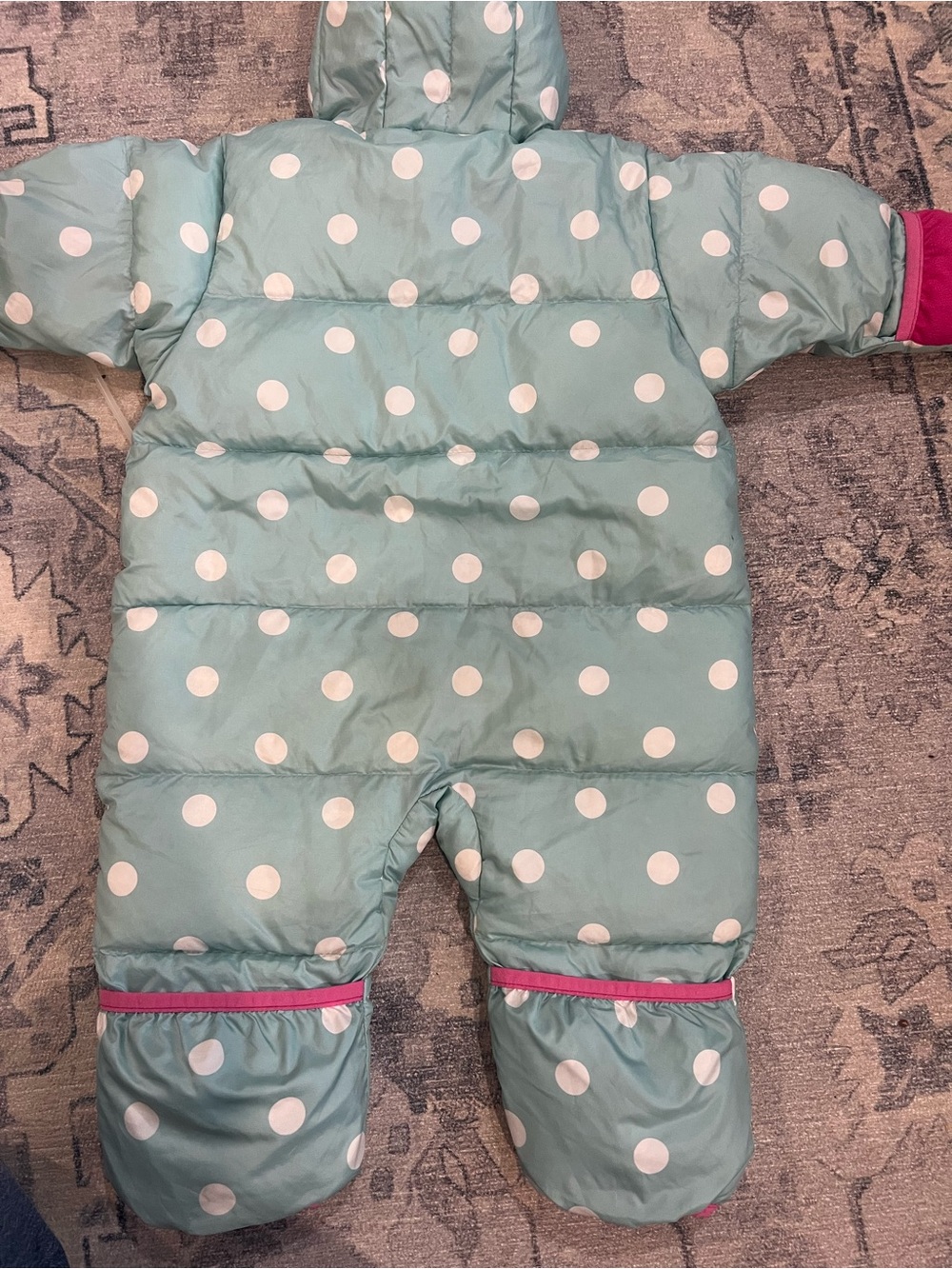 Columbia 18M Baby Down Snowsuit Mint Green Polka Dot Pink Hooded Puffer - Picture 2 of 5
